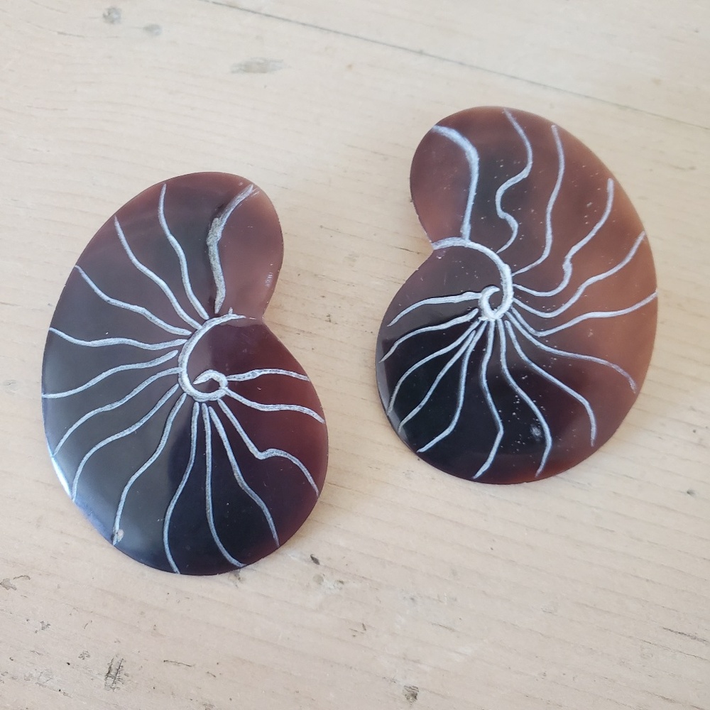 Unique Handmade Stone Ammonite Shell Carved Large Clip On Earrings